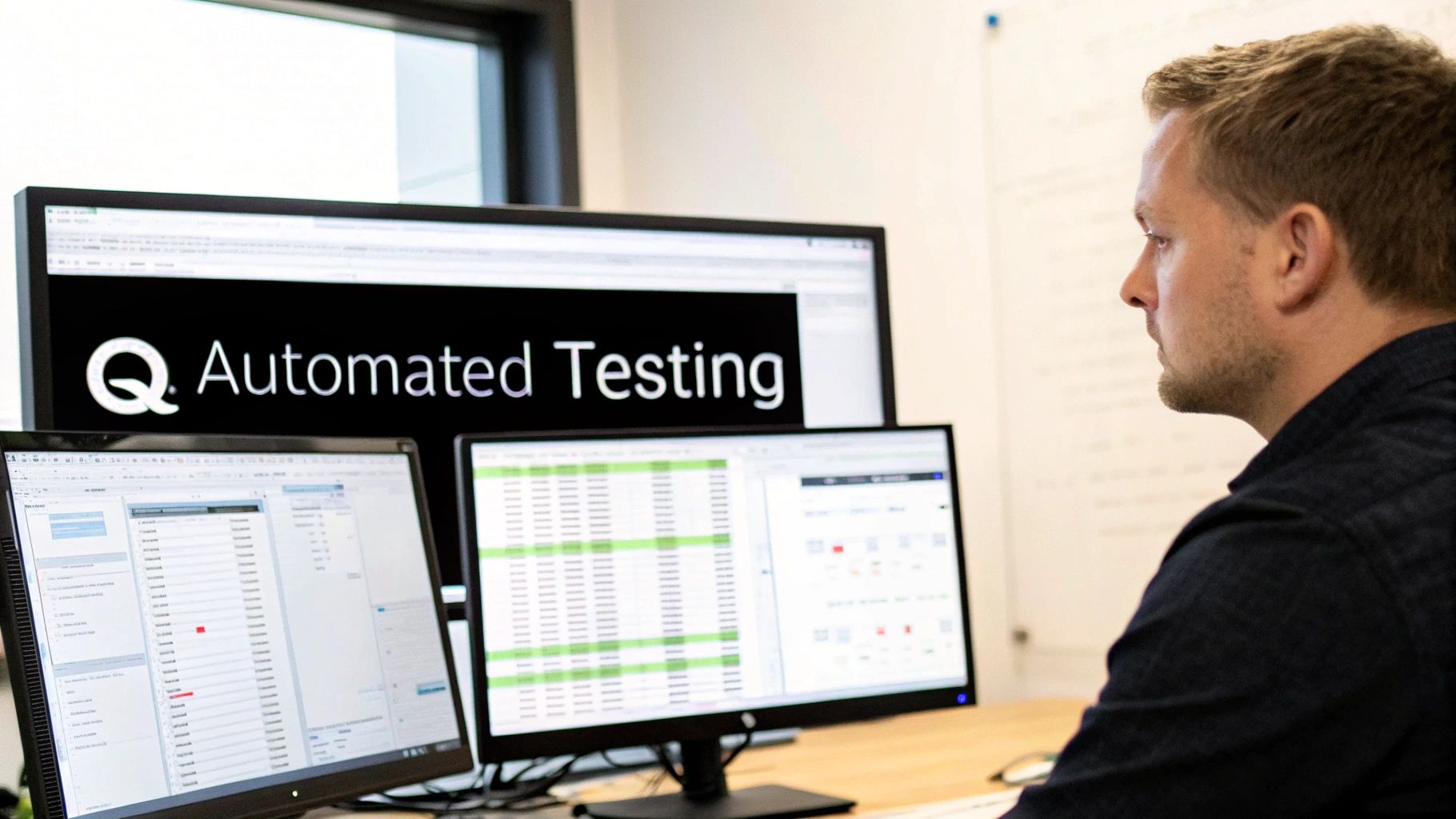 A developer working on a laptop with deployment pipeline diagrams in the background