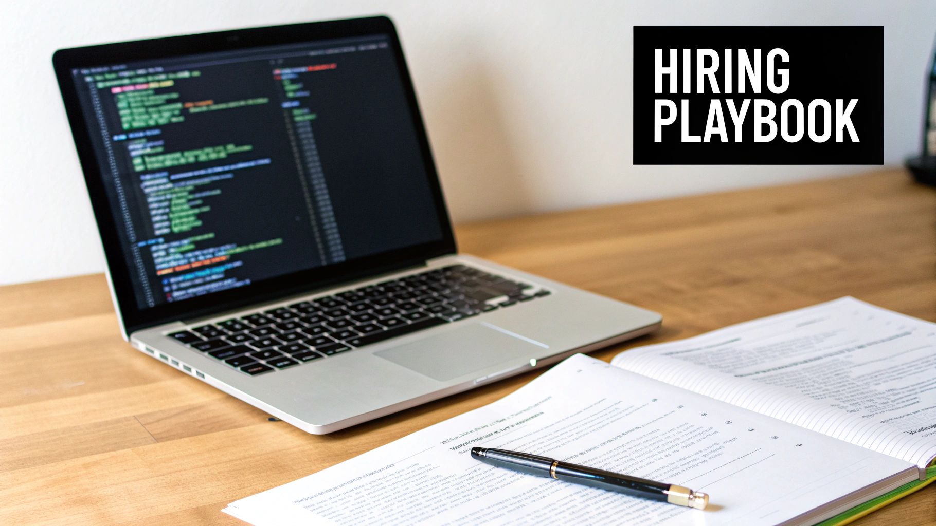 Laptop displaying code with hiring playbook text and resume documents on wooden desk
