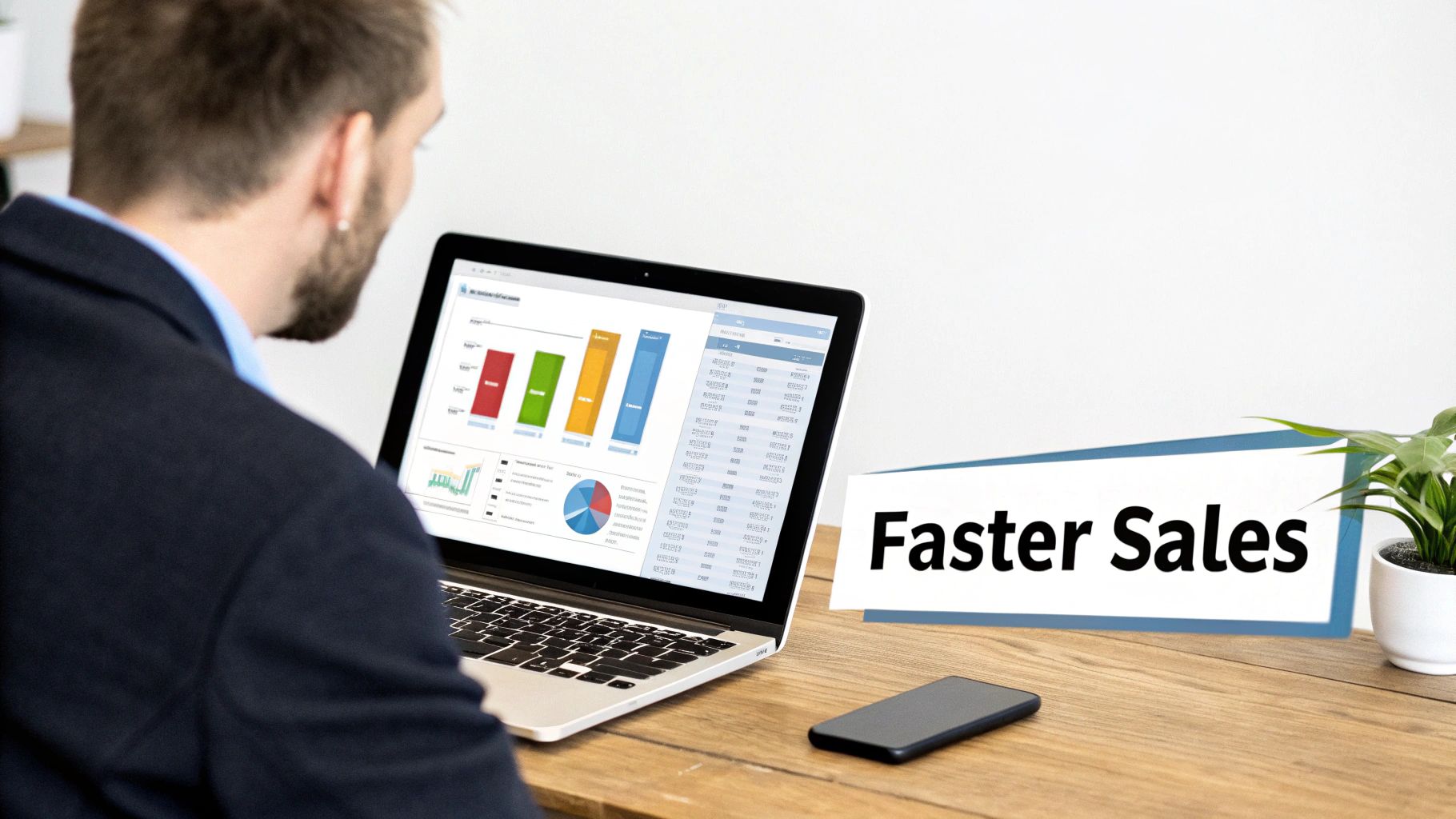 A person working on a laptop with charts and graphs showing performance metrics in the background.