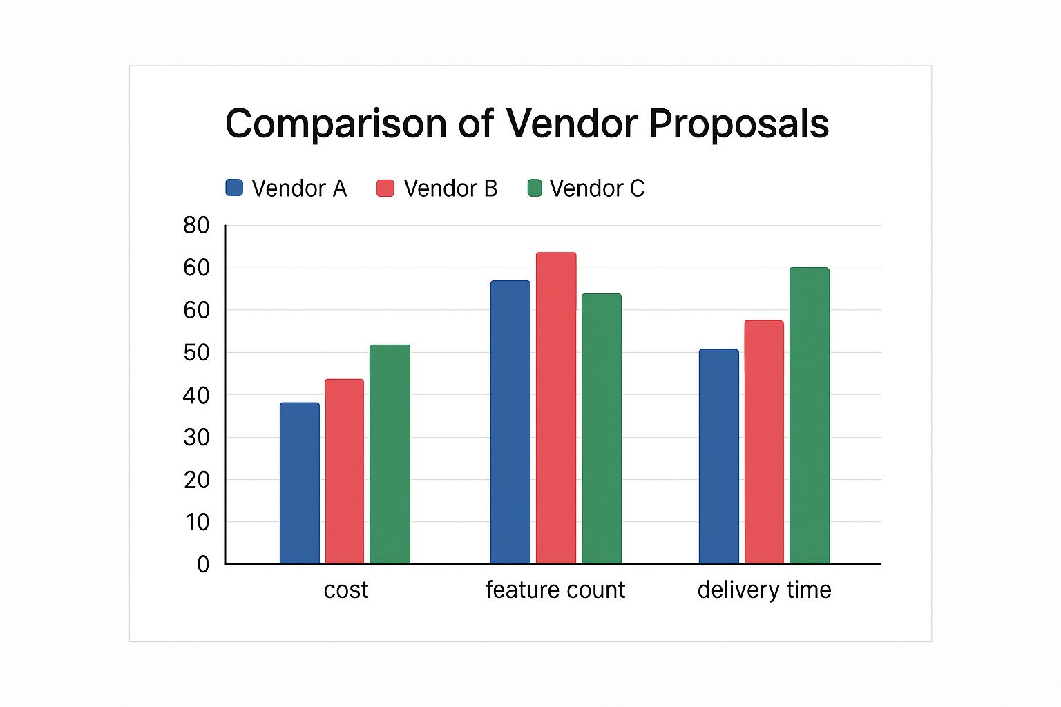 An infographic bar chart comparing three vendor proposals across cost, features met, and delivery time.