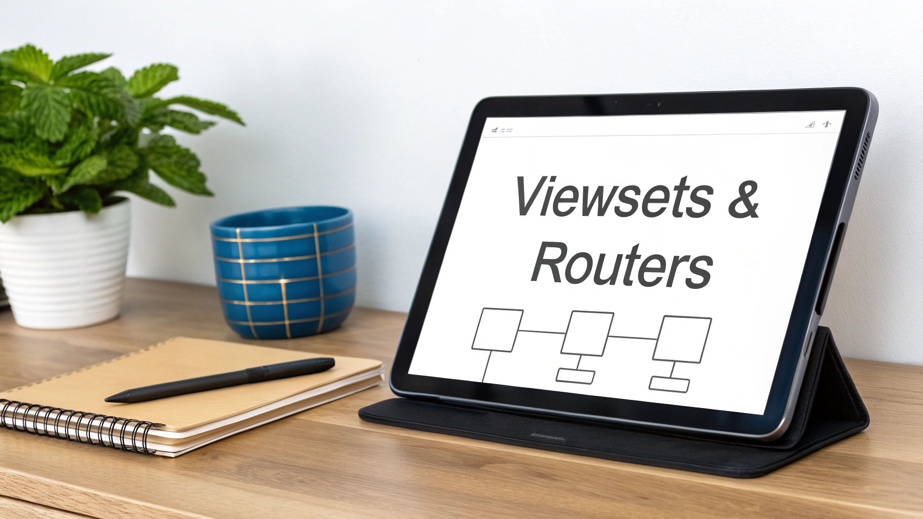 A visual representation of DRF's ViewSets and Routers automatically handling API routing and CRUD operations.