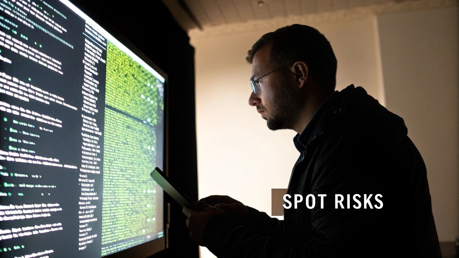 A magnifying glass hovering over code on a computer screen, symbolizing the identification of risks.