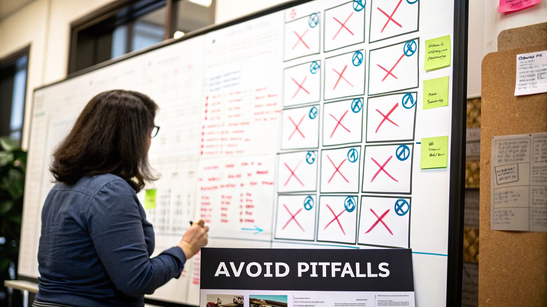 A group of people looking at a project board with a concerned expression.