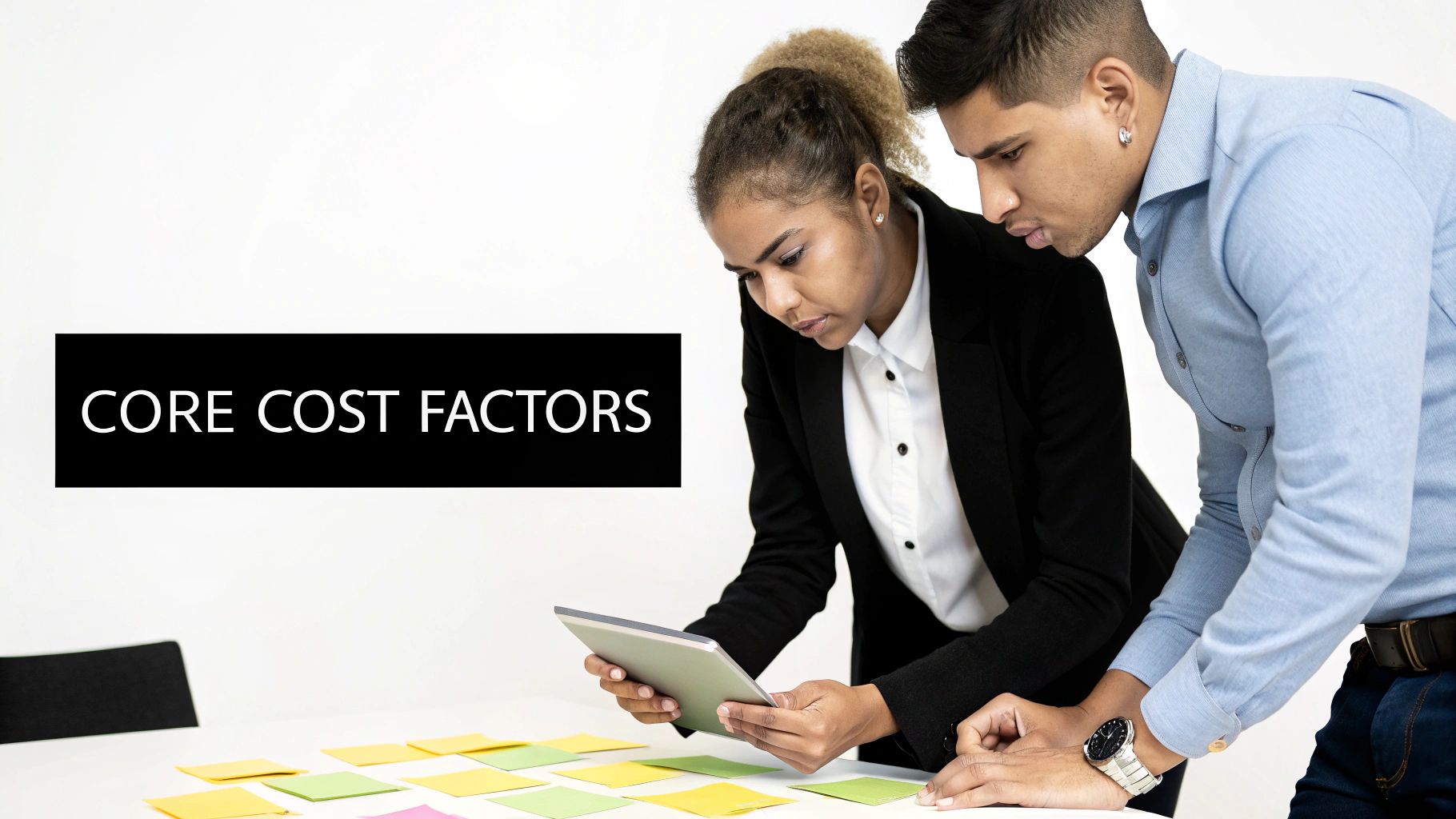 A team of developers collaborating around a table with laptops and diagrams, illustrating the core factors of a web development budget