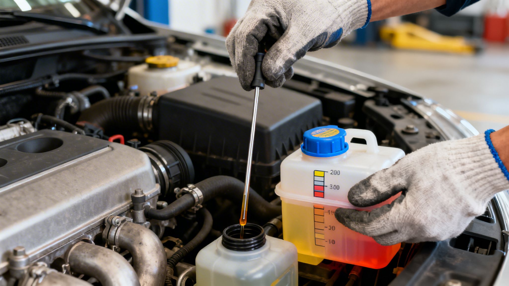 A mechanic's gloved hands checking car engine fluid levels with a specialized tool and container.