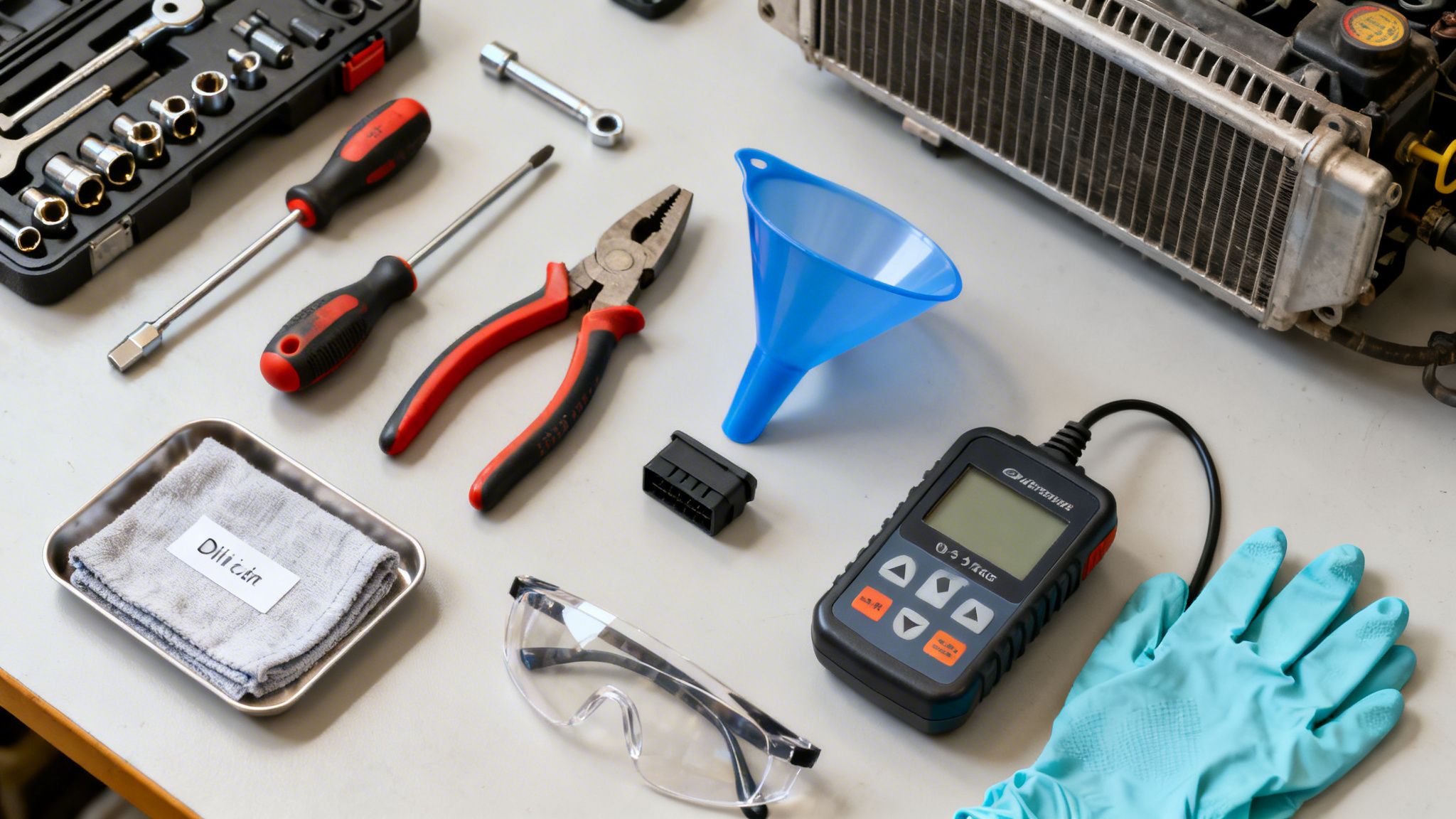 Car repair tools and equipment: screwdrivers, pliers, wrench set, radiator, diagnostic tool, and safety gear.