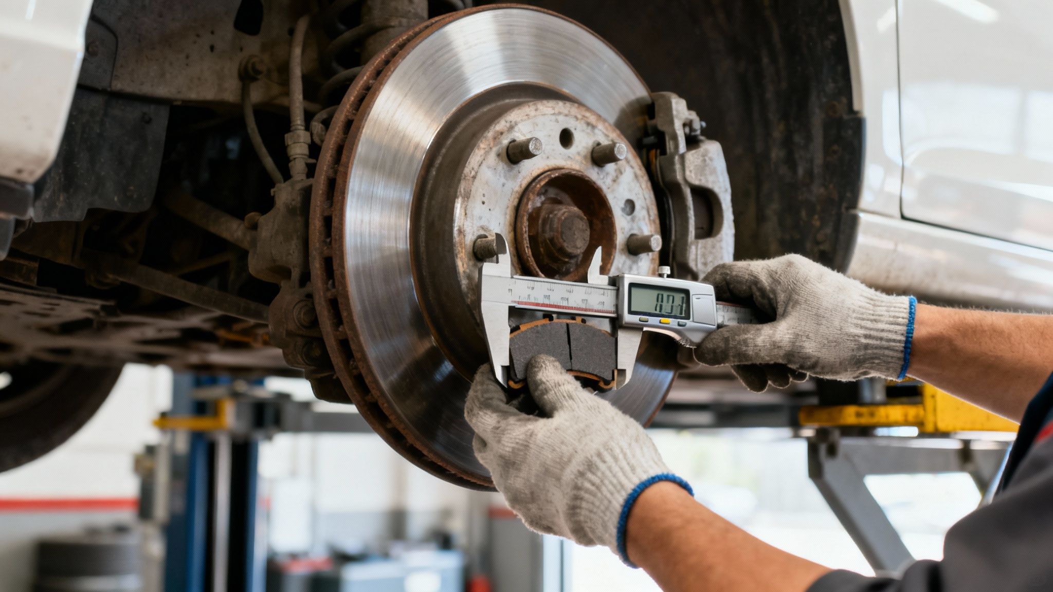Close-up of a mechanic in gloves measuring a car brake pad thickness with a digital caliper.