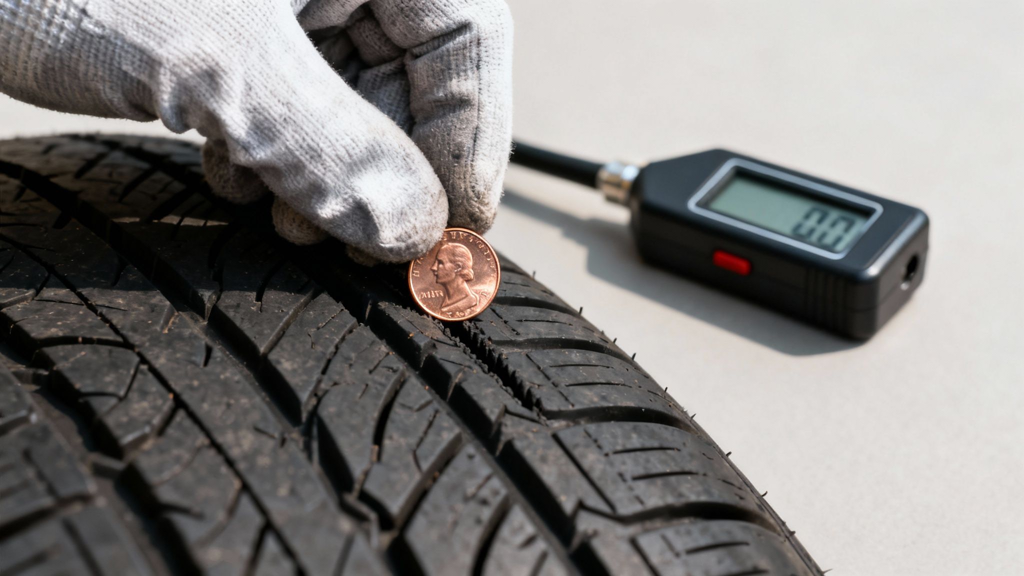 A gloved hand uses a penny to check the tread depth of a car tire, with a digital gauge in the background.
