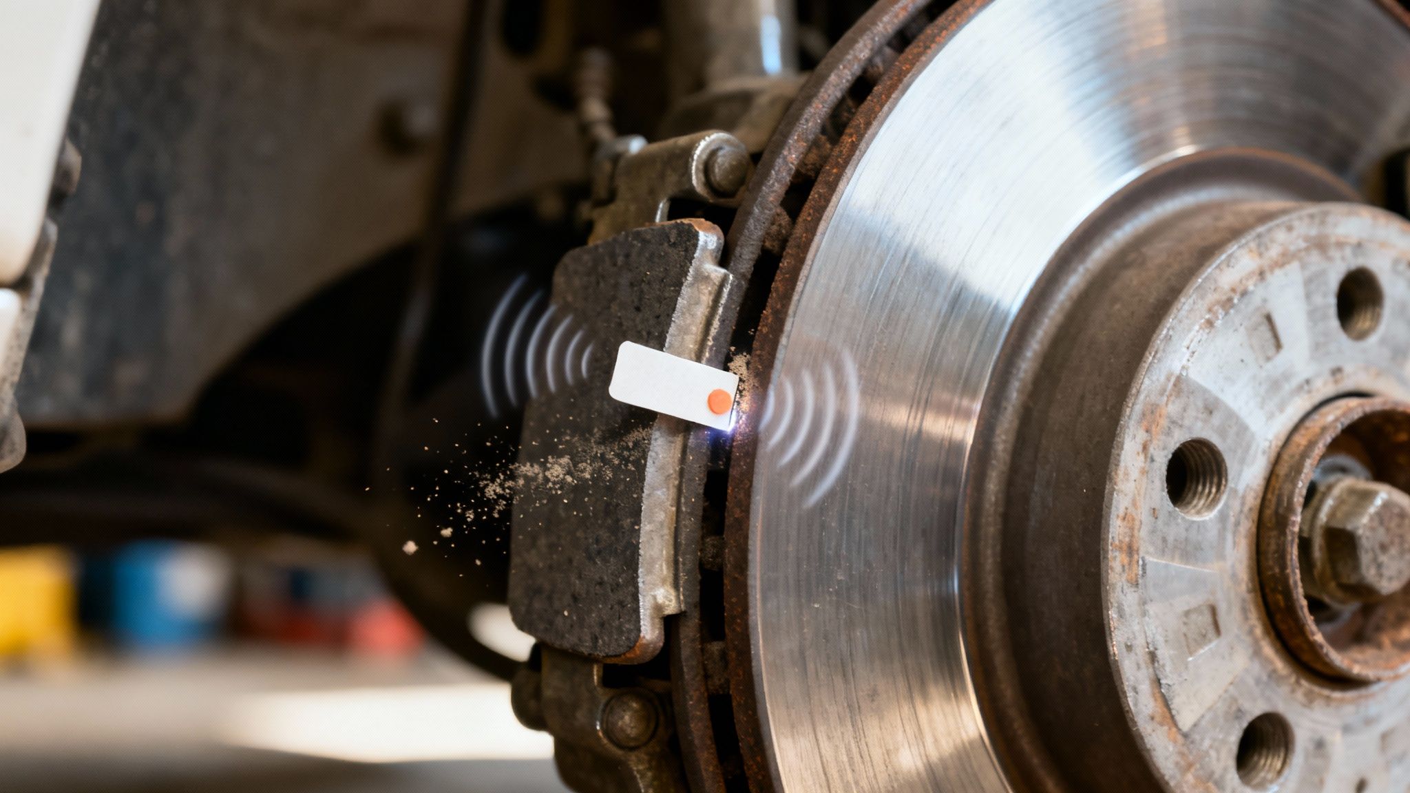 An innovative sensor device attached to a car brake pad indicating wear and maintenance needs.