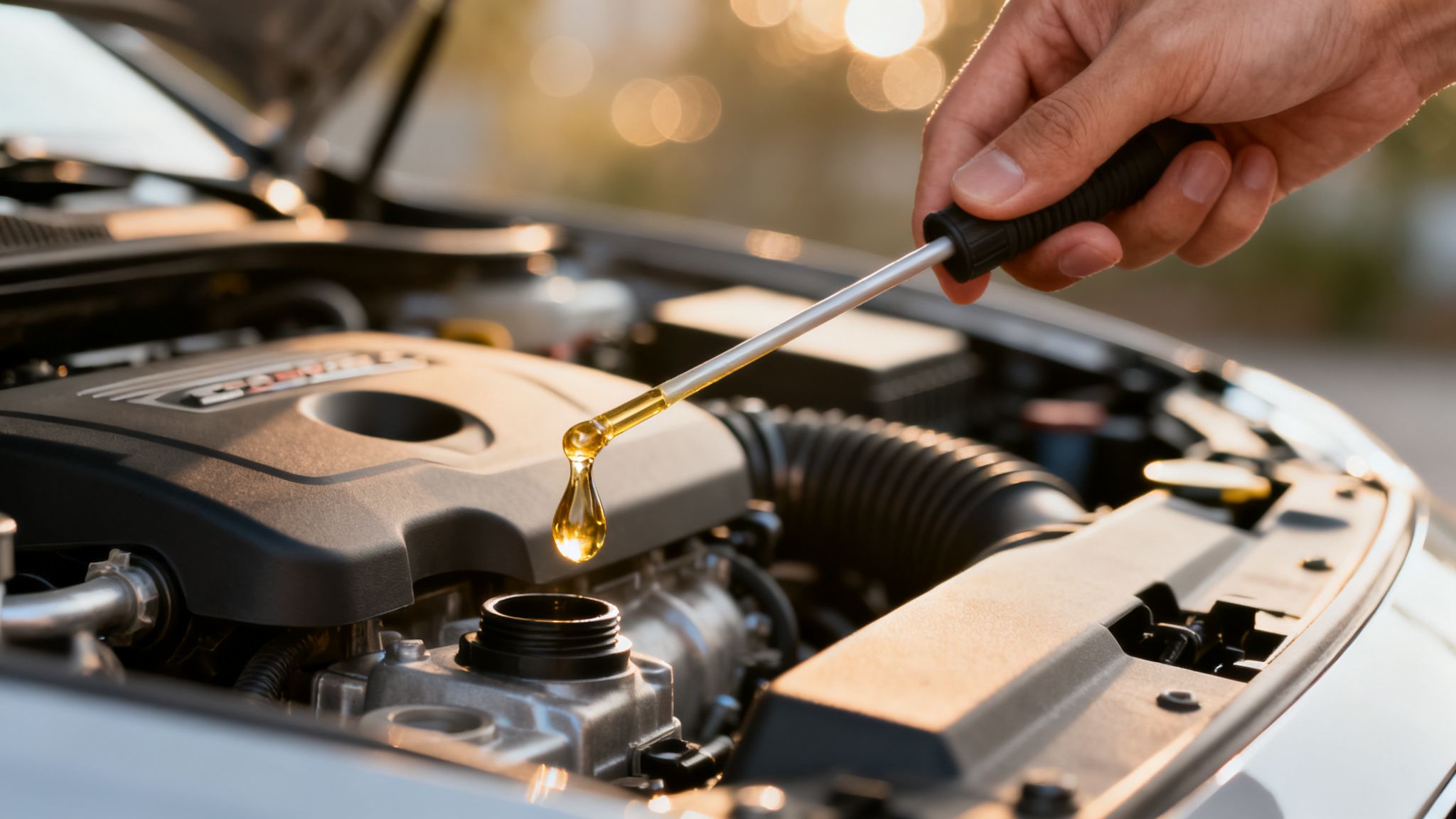 Close-up of a hand checking car engine oil with a dipstick, golden oil dripping.