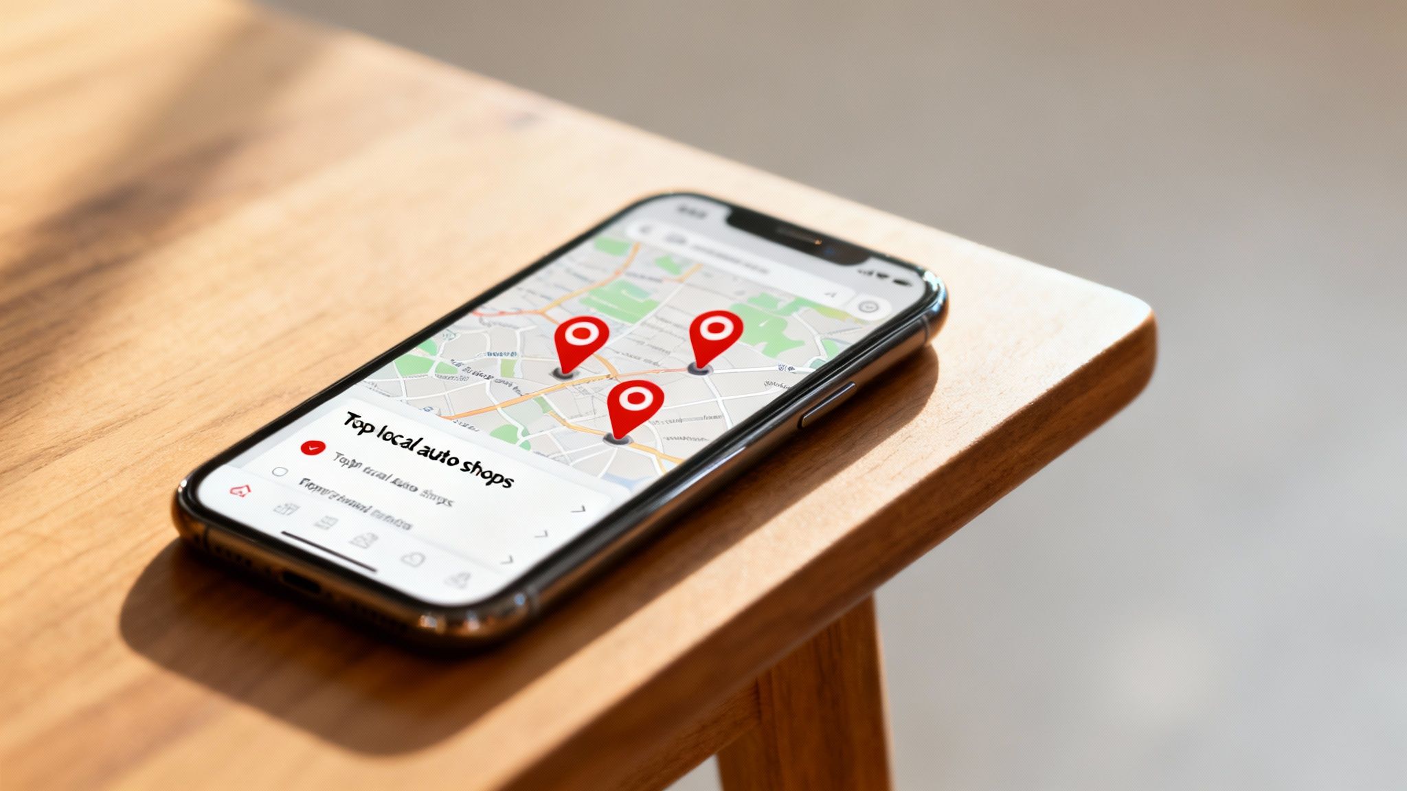 A smartphone on a wooden table displays a map app showing 'Top local auto shops' with three red location pins.