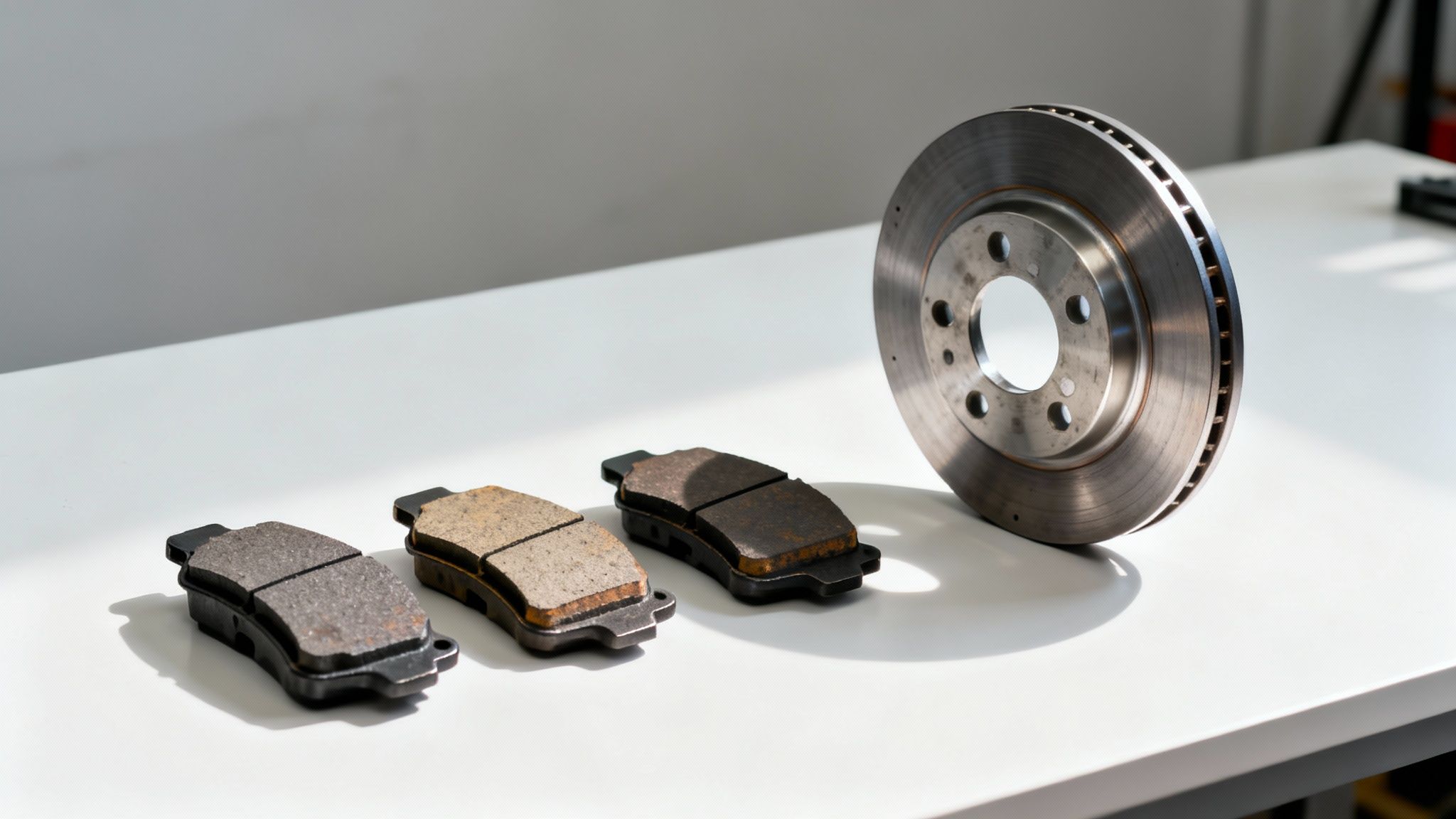 A new car brake disc stands next to three progressively worn brake pads on a white surface.