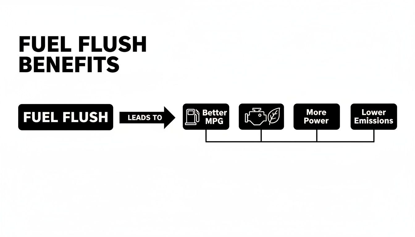 A diagram illustrating the benefits of a fuel flush, leading to better MPG, more power, and lower emissions.