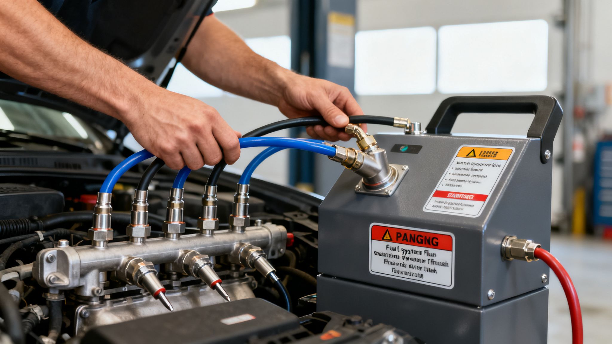 A mechanic is connecting hoses from a fuel system flush machine to a car's engine during maintenance.