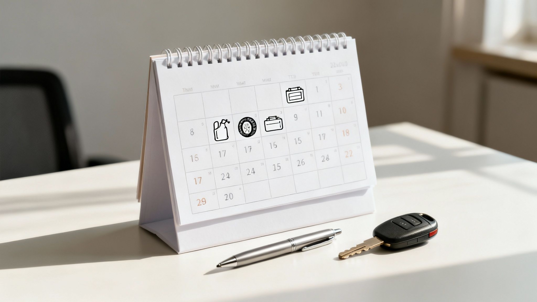 A desk calendar displays car maintenance icons like tire, oil, toolbox, and battery on various dates, with a car key and pen nearby.