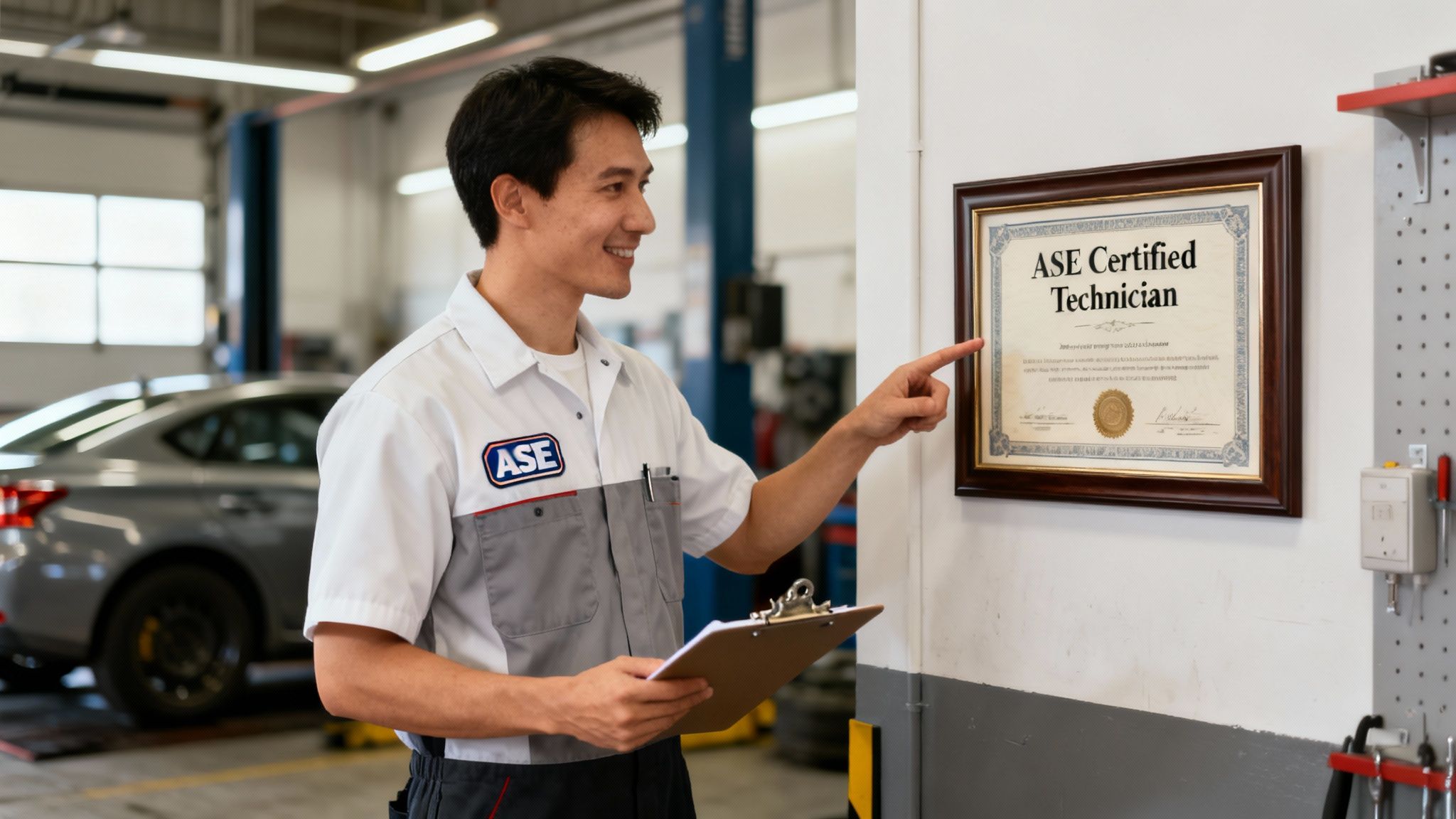 A smiling ASE certified male mechanic points to his "ASE Certified Technician" certificate in a repair shop.