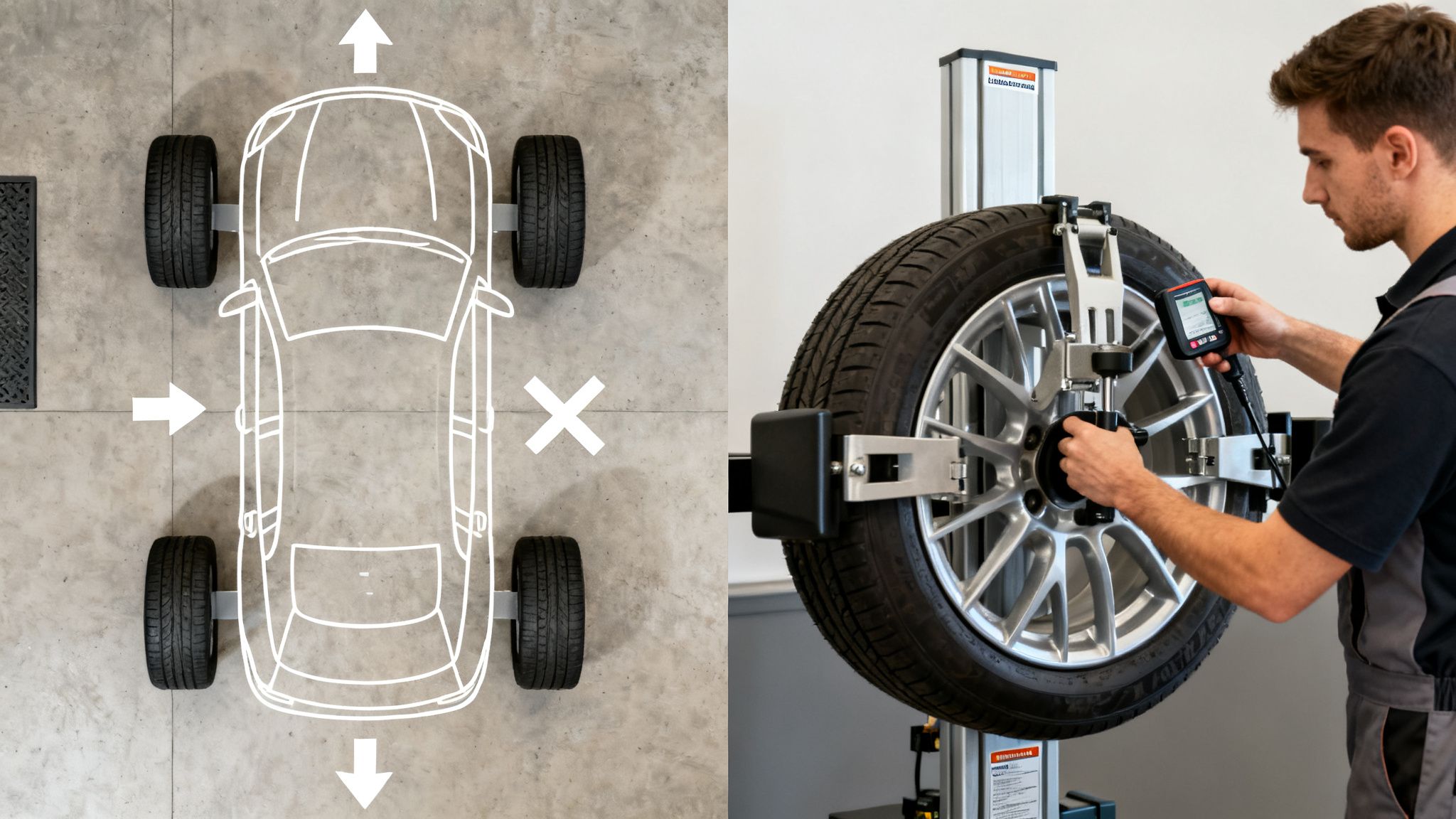 A diagram illustrates car tire rotation patterns, contrasted with a technician performing wheel alignment on a professional machine.