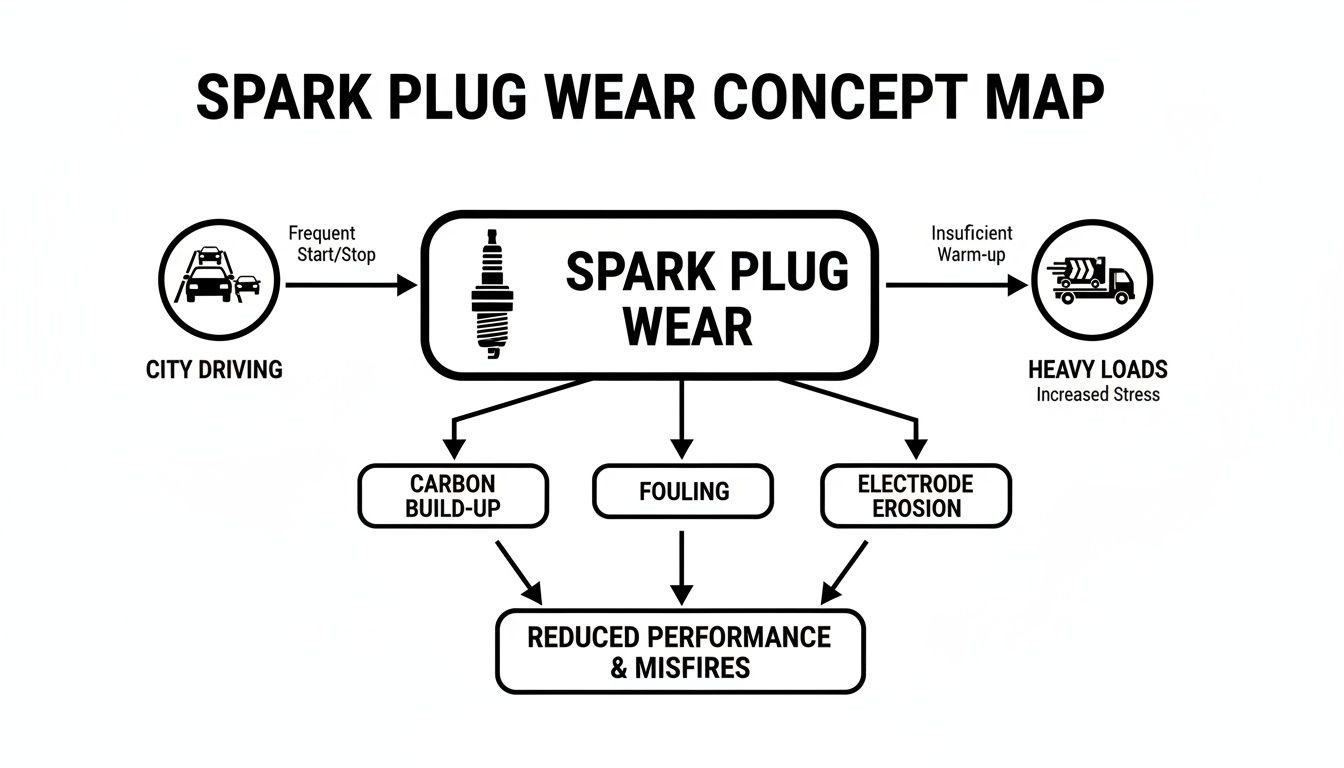A concept map illustrating the causes, types of wear, and consequences of spark plug degradation, including reduced performance.