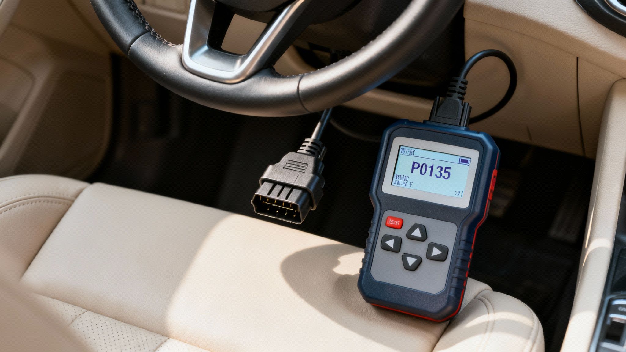 An OBD-II scanner displays error code P0135, indicating a check engine light issue inside a car.