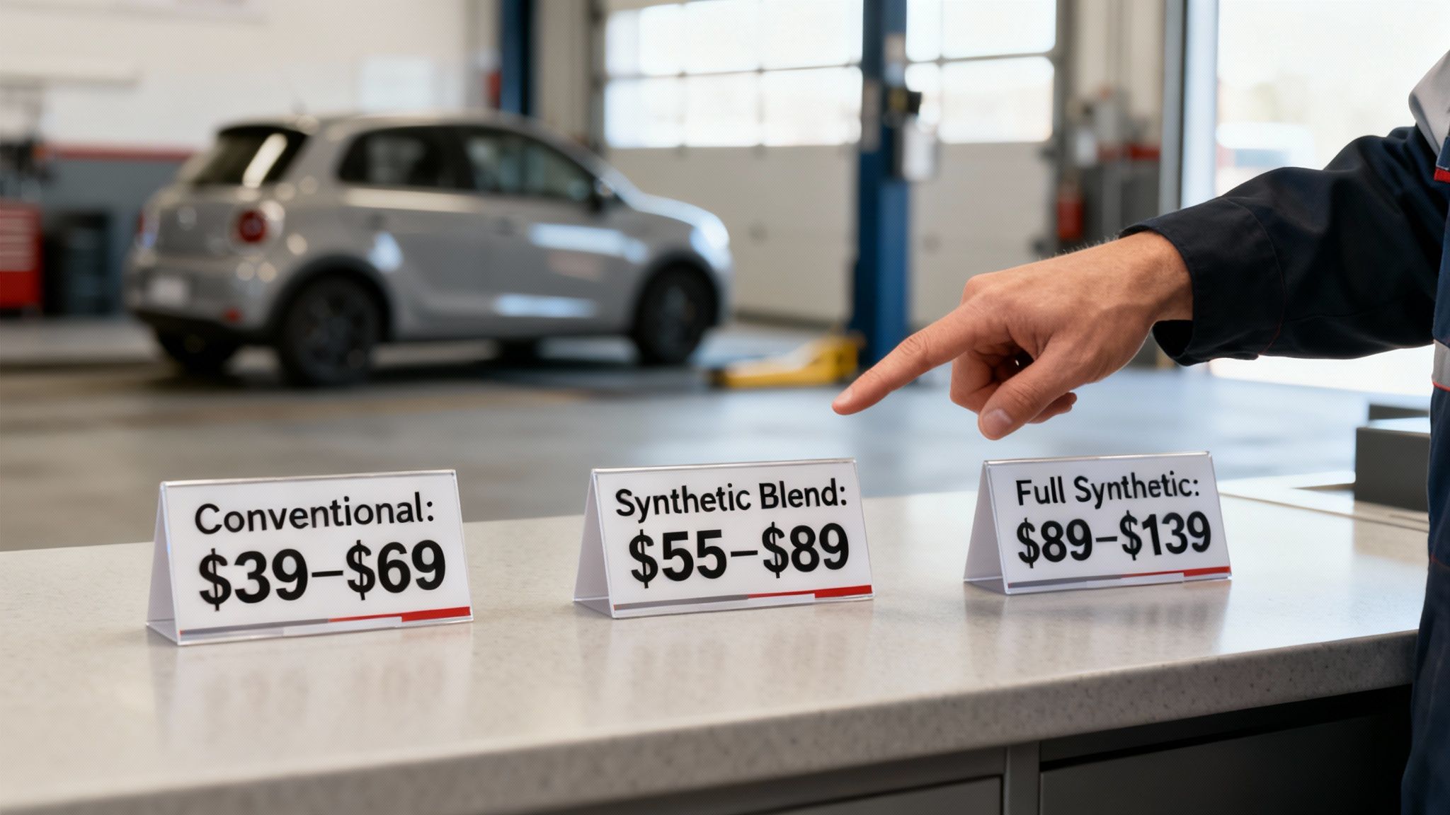 A mechanic's hand points to signs displaying conventional, synthetic blend, and full synthetic oil change prices.