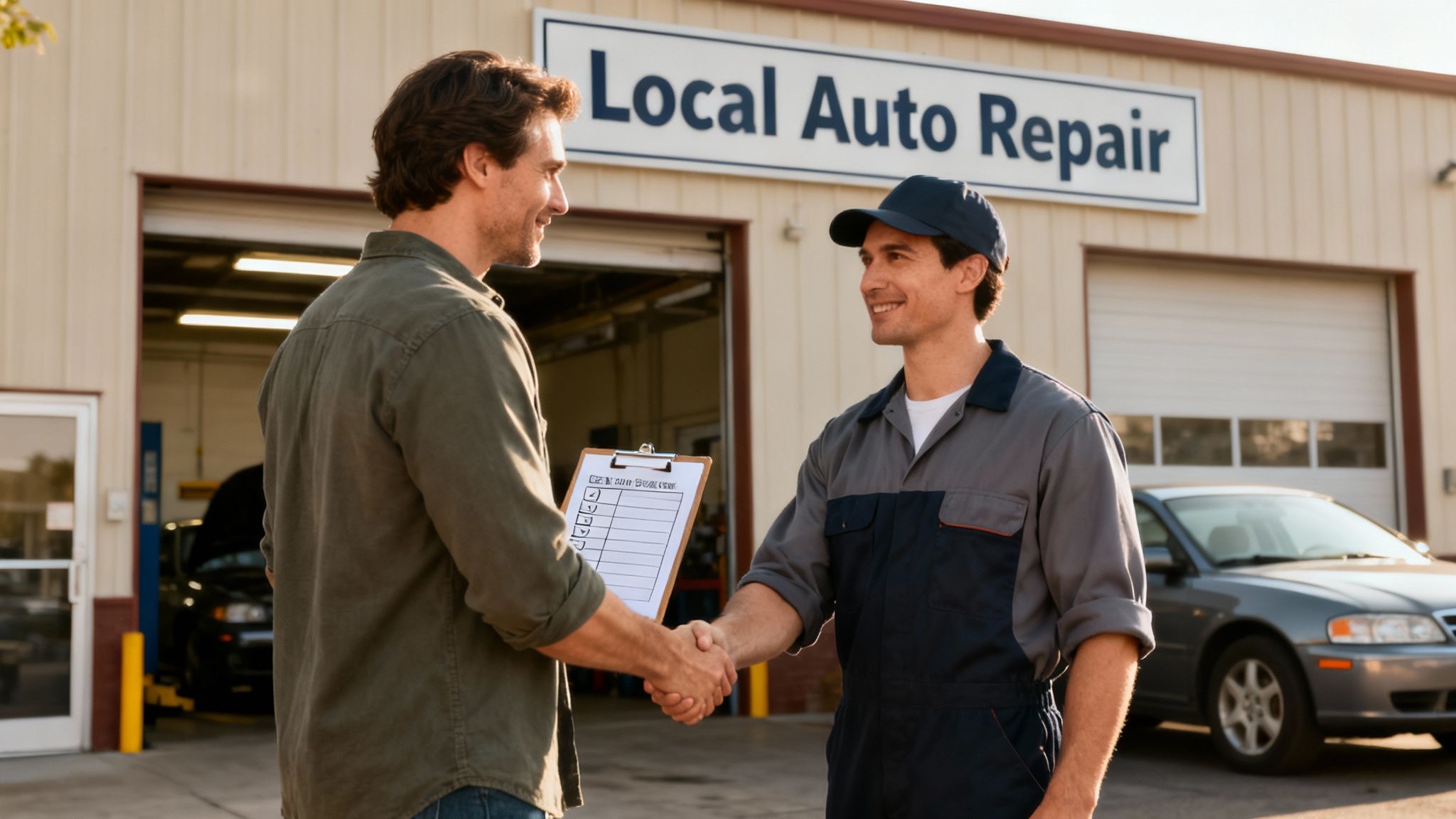A happy customer shakes hands with a friendly mechanic outside a local auto repair shop.
