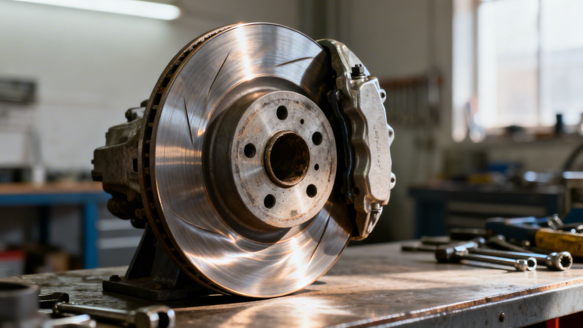 A detailed view of a shiny car brake disc and caliper on a dirty workshop table.