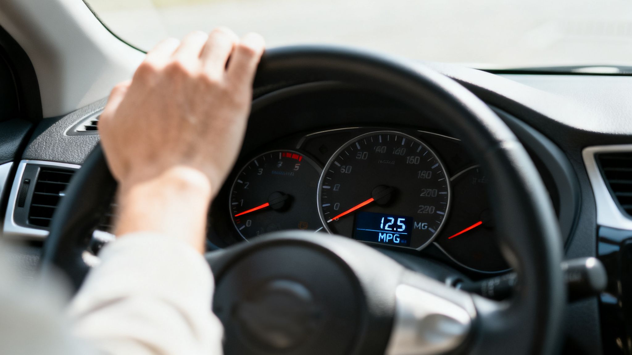 A driver's hand on the steering wheel, with the car's dashboard displaying 12.5 MPG.