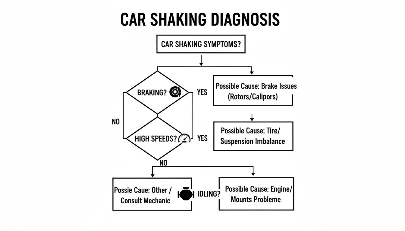 Flowchart for car shaking diagnosis, addressing symptoms during braking, high speeds, or idling, suggesting causes.