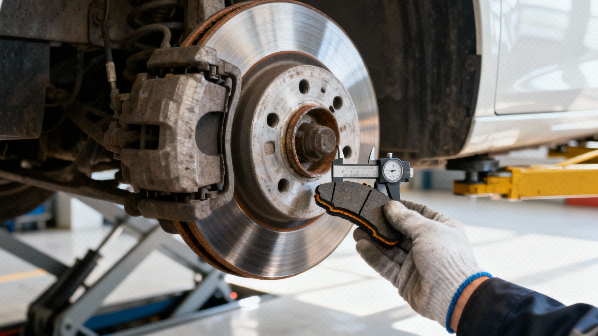 Gloved hand using a caliper to measure worn brake pad against a car's brake disc.