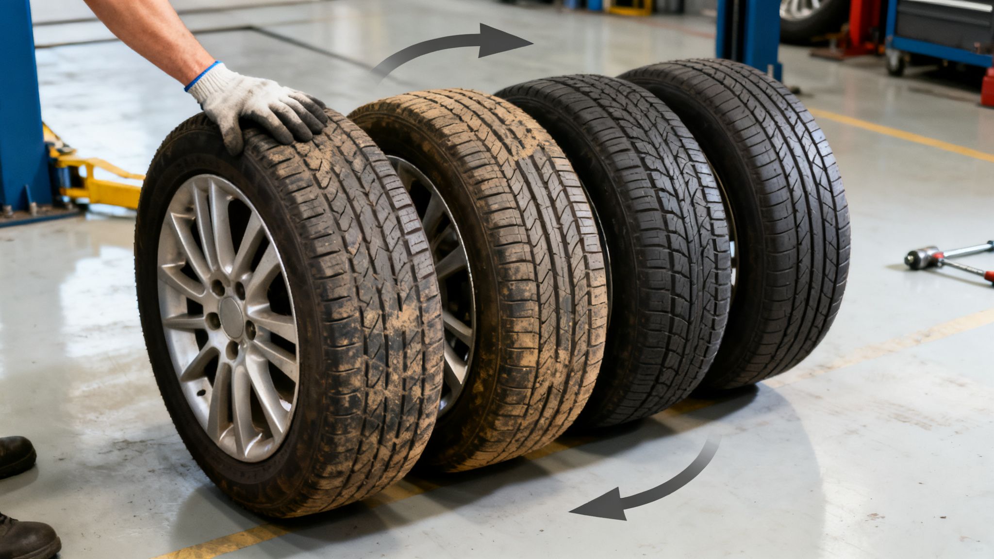 A gloved hand on a dirty car tire, lined up with three other tires, demonstrating tire rotation.