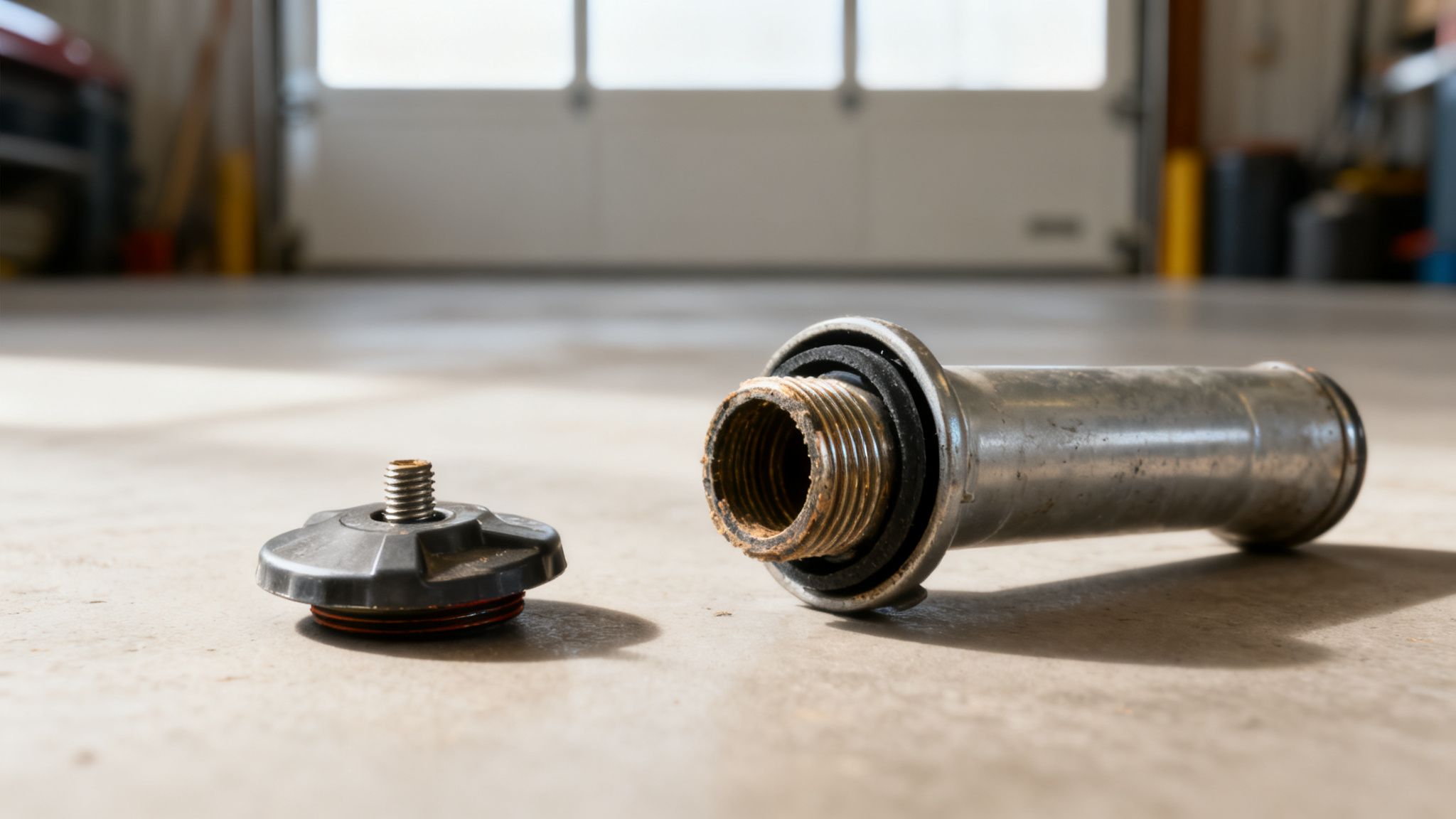 A corroded threaded metal pipe fitting next to a black cap with a metal stud on a garage floor.