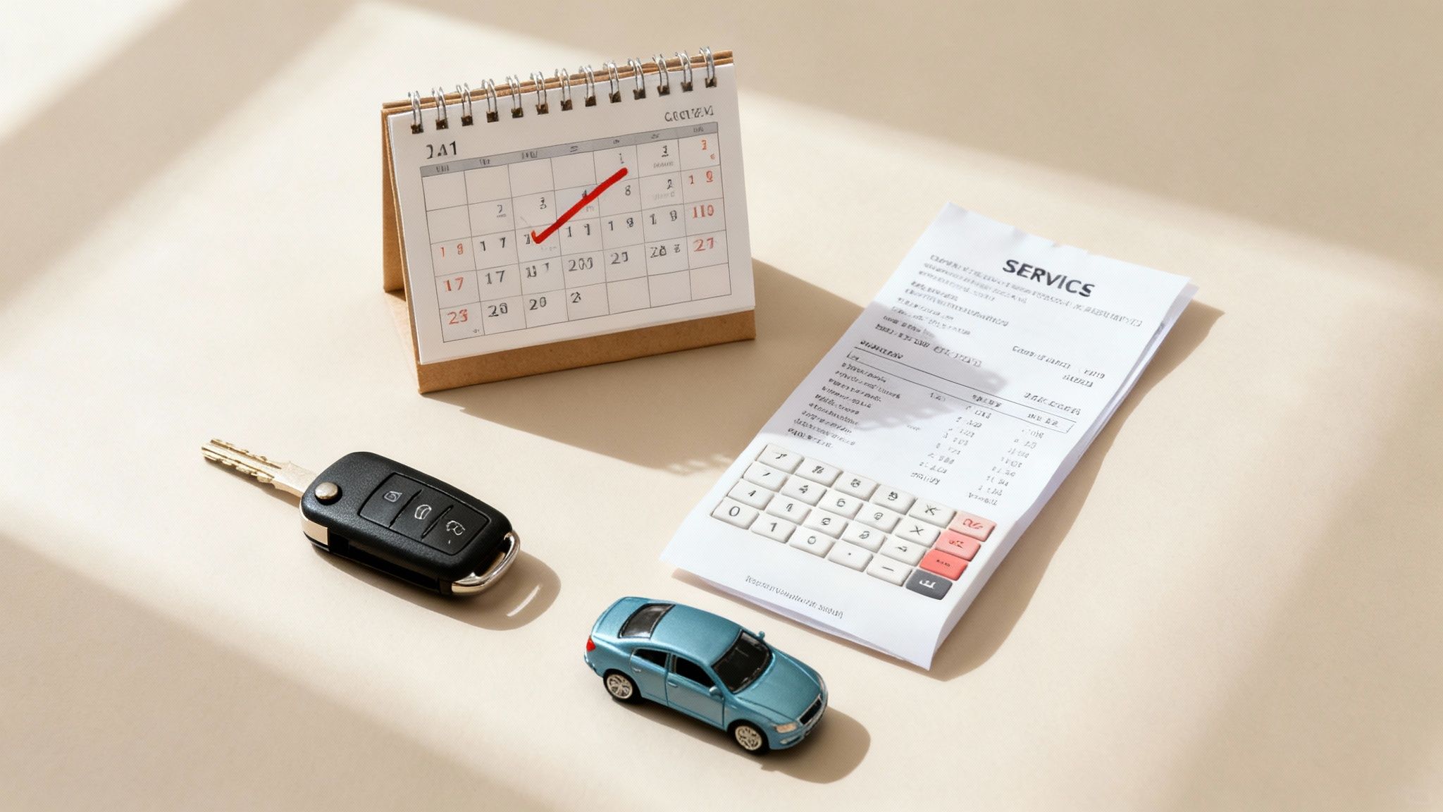 A flat lay shows a calendar, car key, a toy car, and a service bill, symbolizing car maintenance.