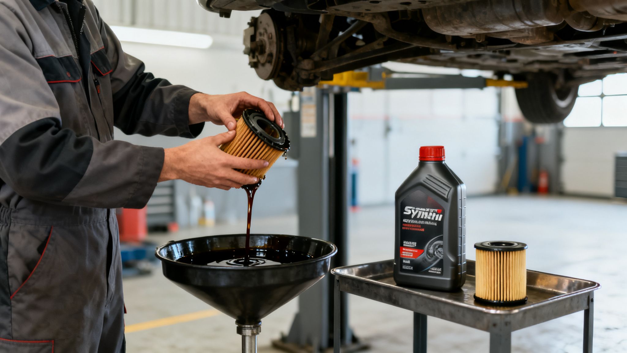 A mechanic drains old oil from a used filter into a pan during a car's oil change service.