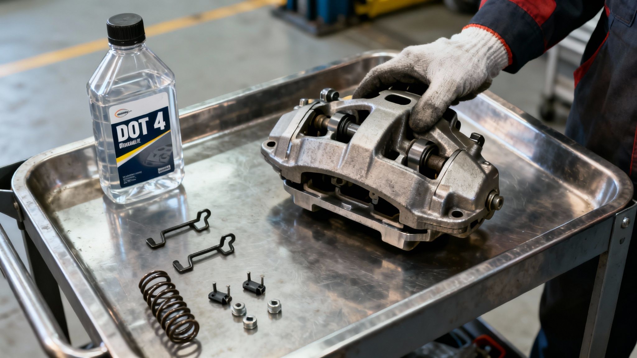 A mechanic's gloved hand holds a brake caliper on a tray with DOT 4 fluid and parts.