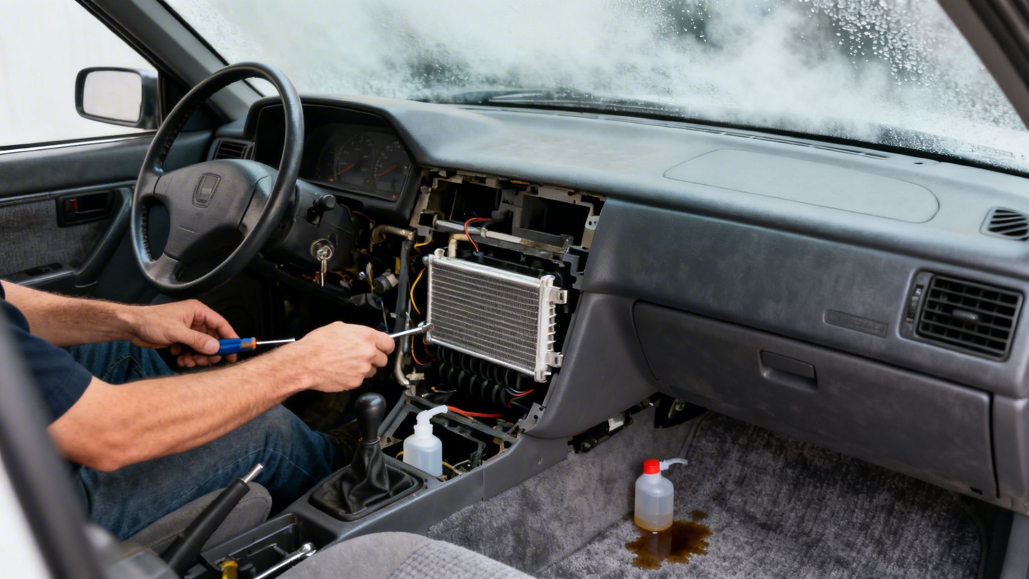 A mechanic repairs a car's heater core, with the dashboard partially disassembled and tools.