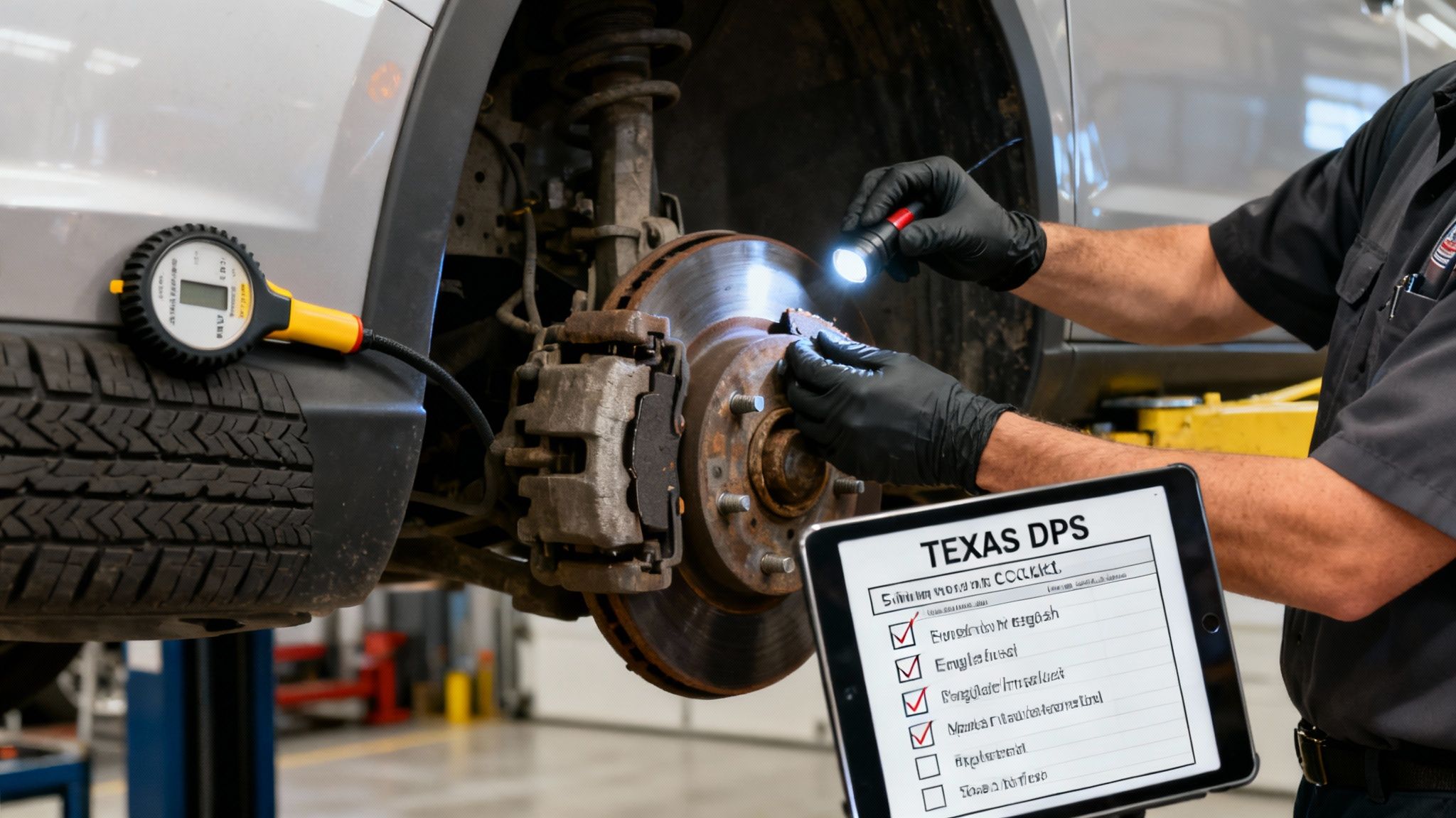 Mechanic performing a vehicle state inspection, examining brakes with a flashlight and reviewing a digital checklist.