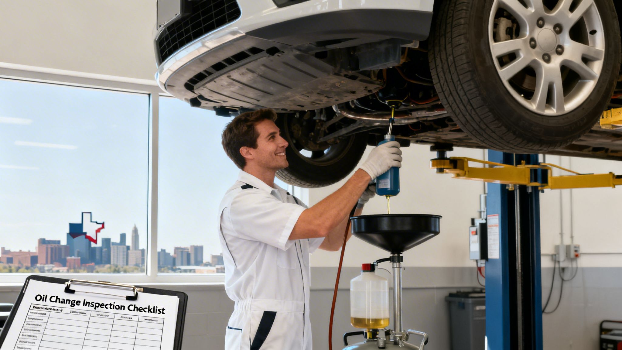 Smiling mechanic performs an oil change on a car elevated on a hydraulic lift in a garage.