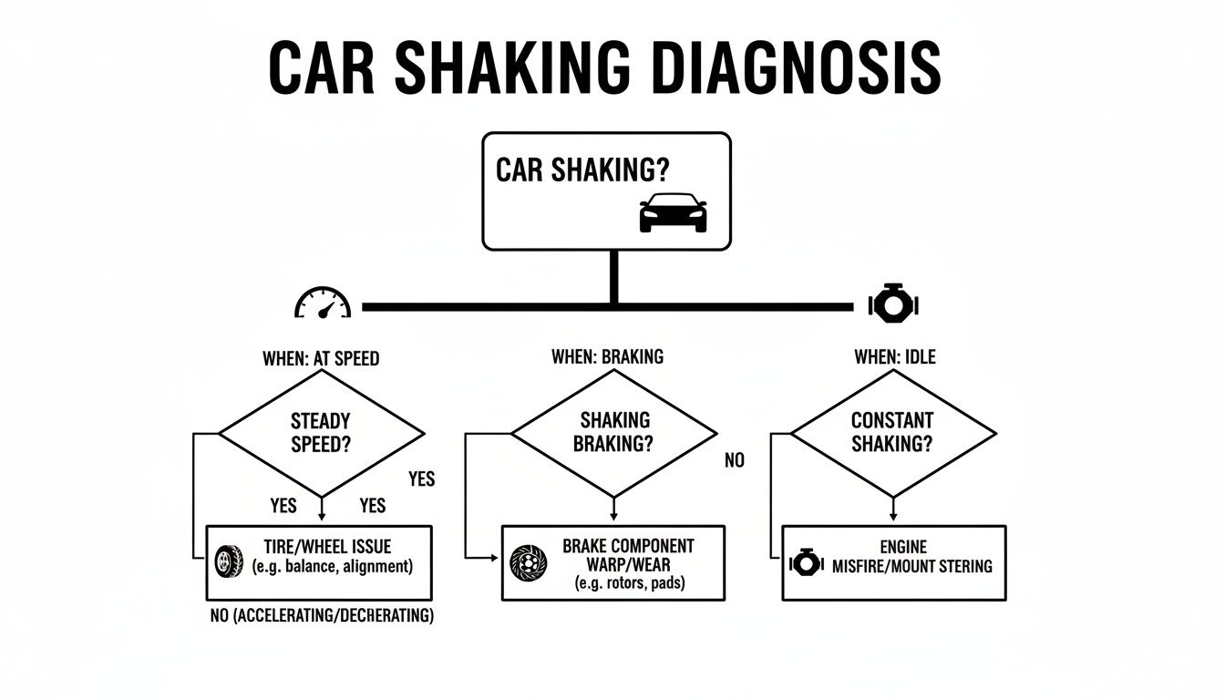 A car shaking diagnosis flowchart identifies causes based on when shaking occurs: at speed, braking, or idle.
