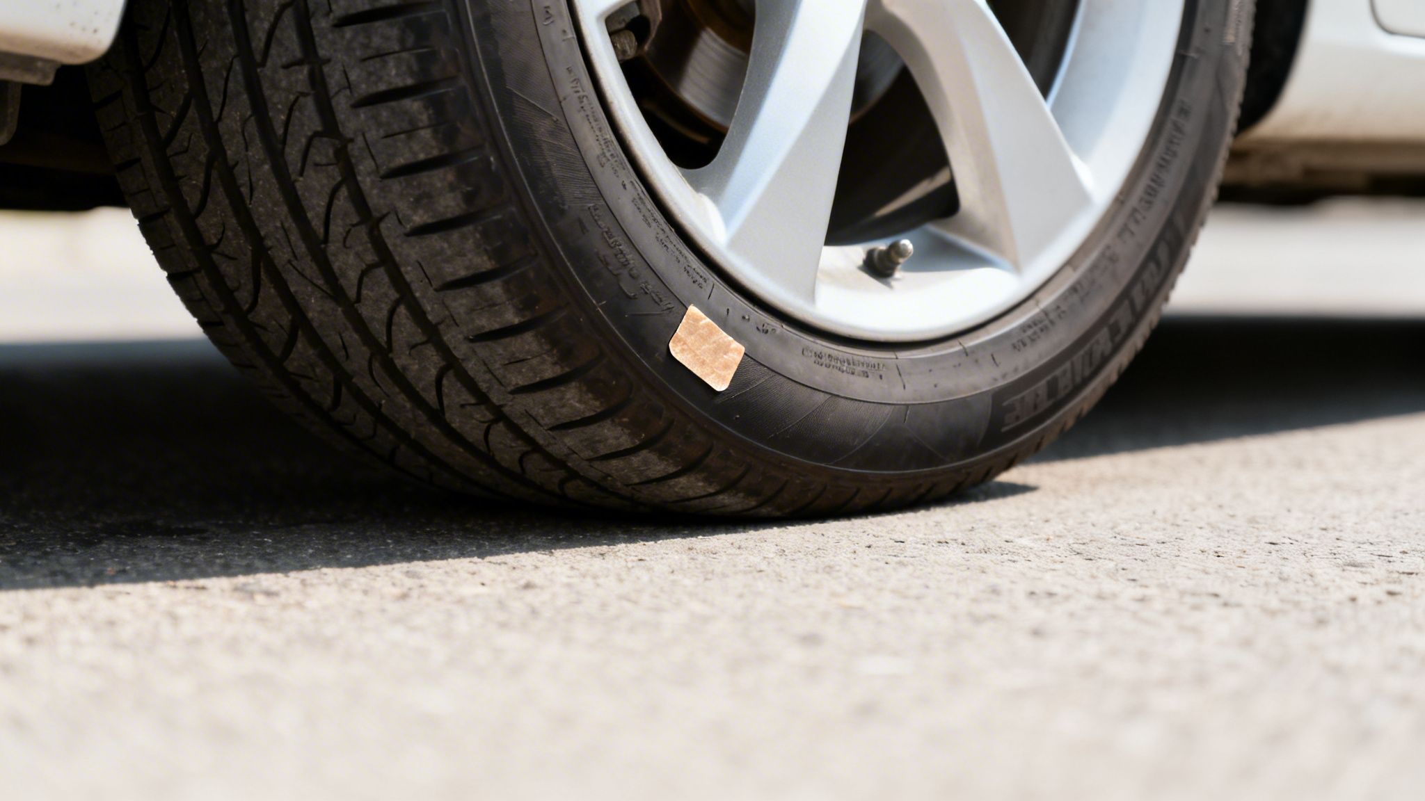 A close-up of a car tire with a small band-aid applied to its sidewall, parked on asphalt.