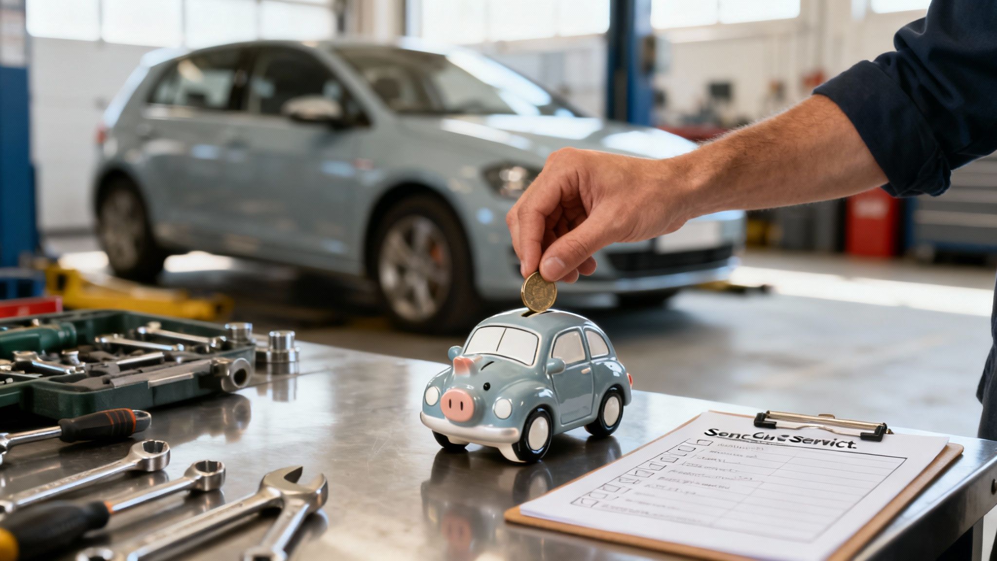 A hand drops a coin into a car-shaped piggy bank on a workbench in a car garage.