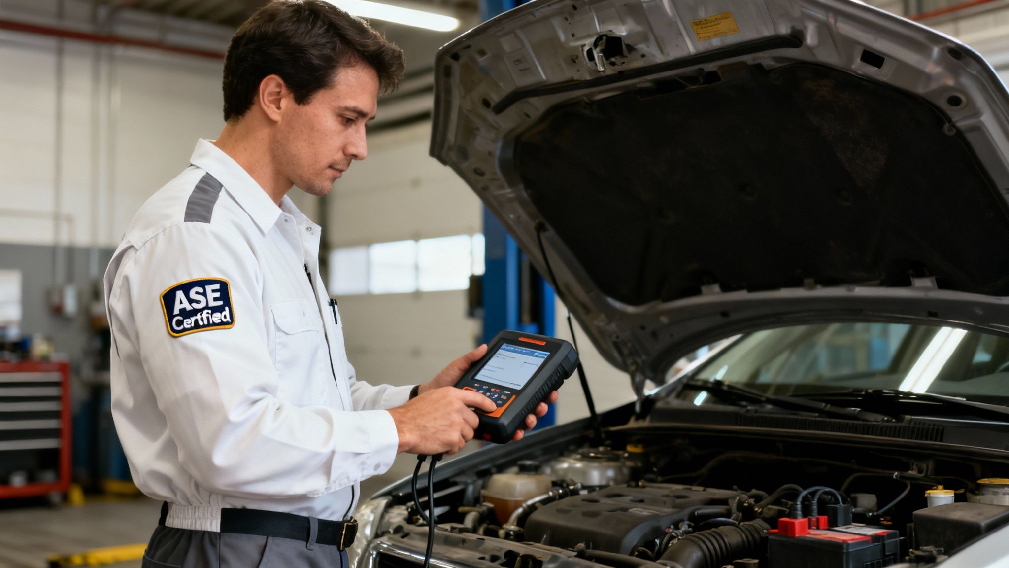An ASE certified mechanic uses a diagnostic scanner tool to check a car's engine.