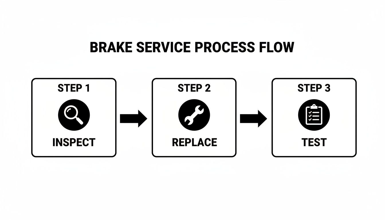 A simple flowchart illustrating the three steps of brake service: inspect, replace, and test.