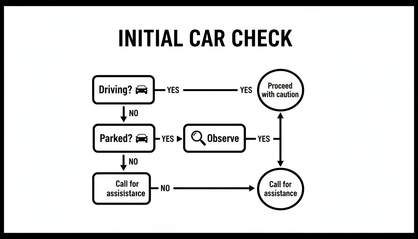 A flowchart for an initial car check, guiding users through decisions and actions like observing or calling for assistance.
