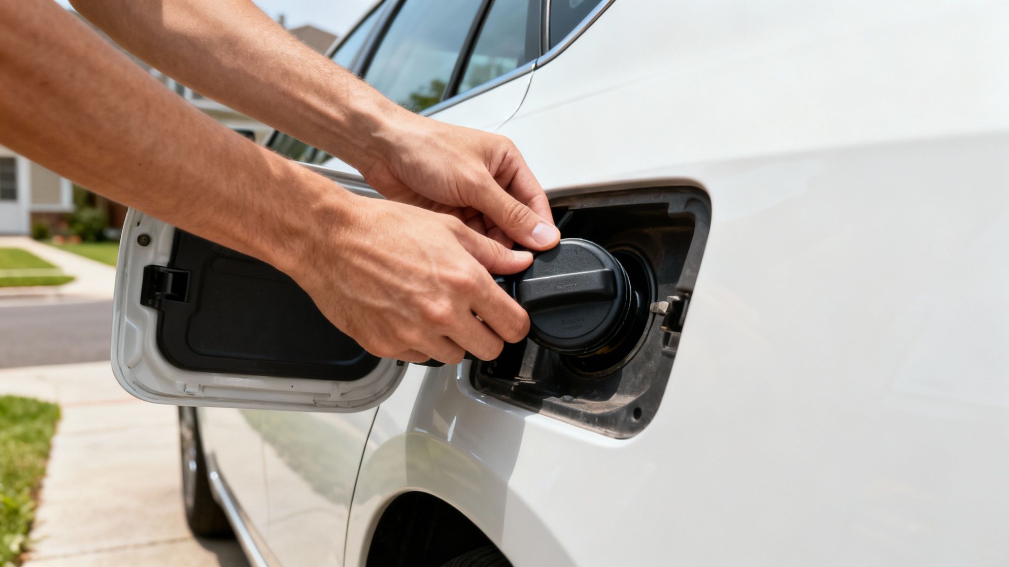 Close-up of hands opening or closing a black fuel cap on a white car.