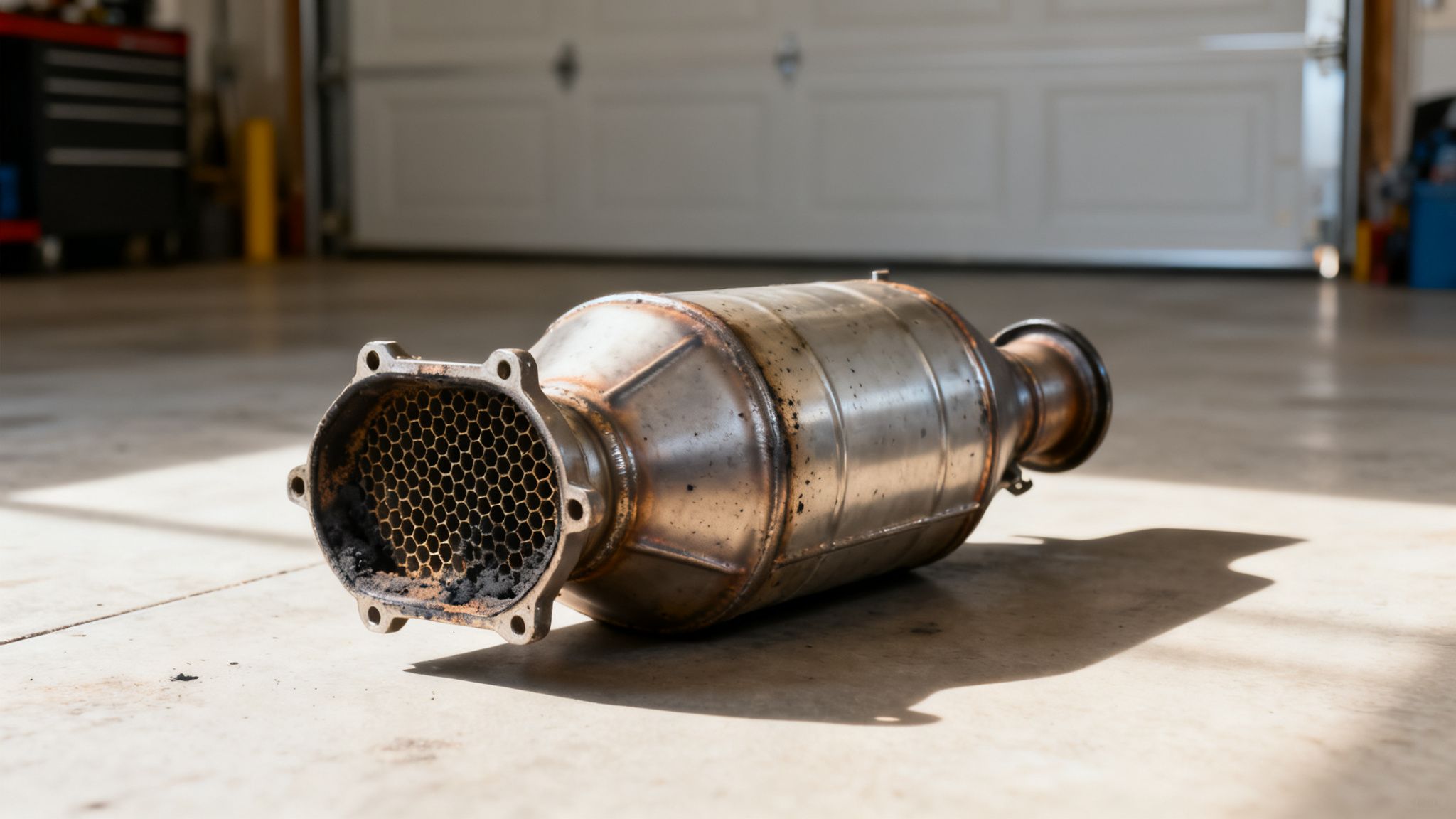 A used, metallic catalytic converter with a visible honeycomb structure lying on a garage floor.