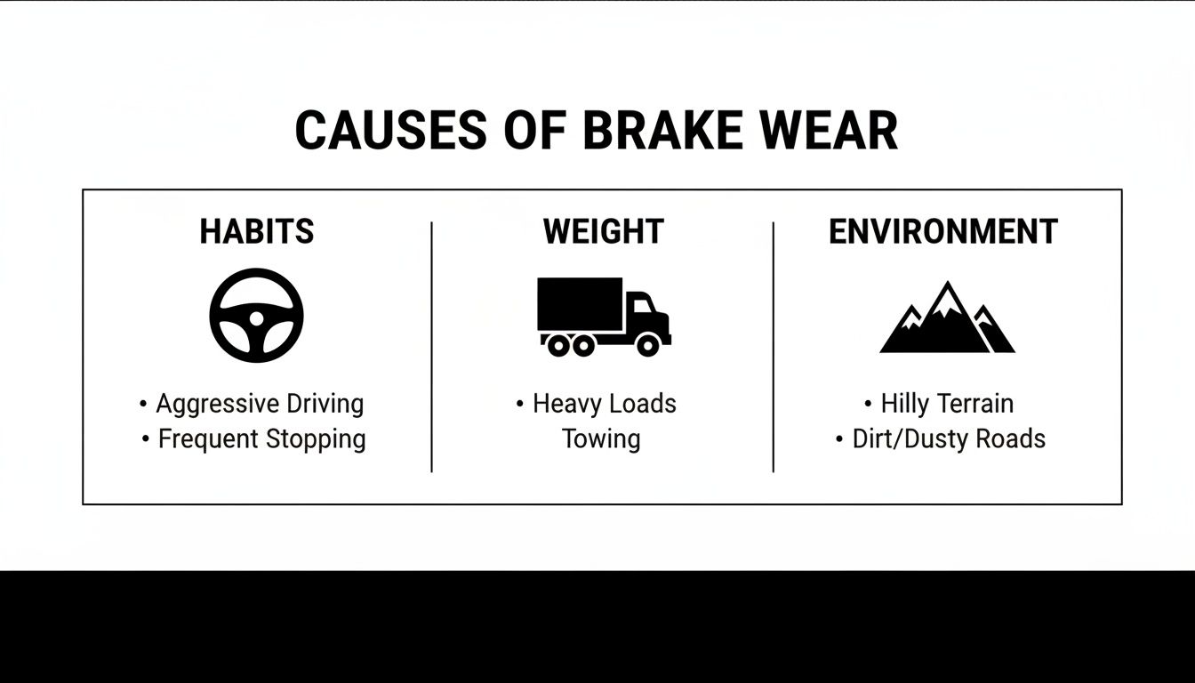 Infographic illustrating the causes of brake wear, categorized by driving habits, vehicle weight, and environmental factors.