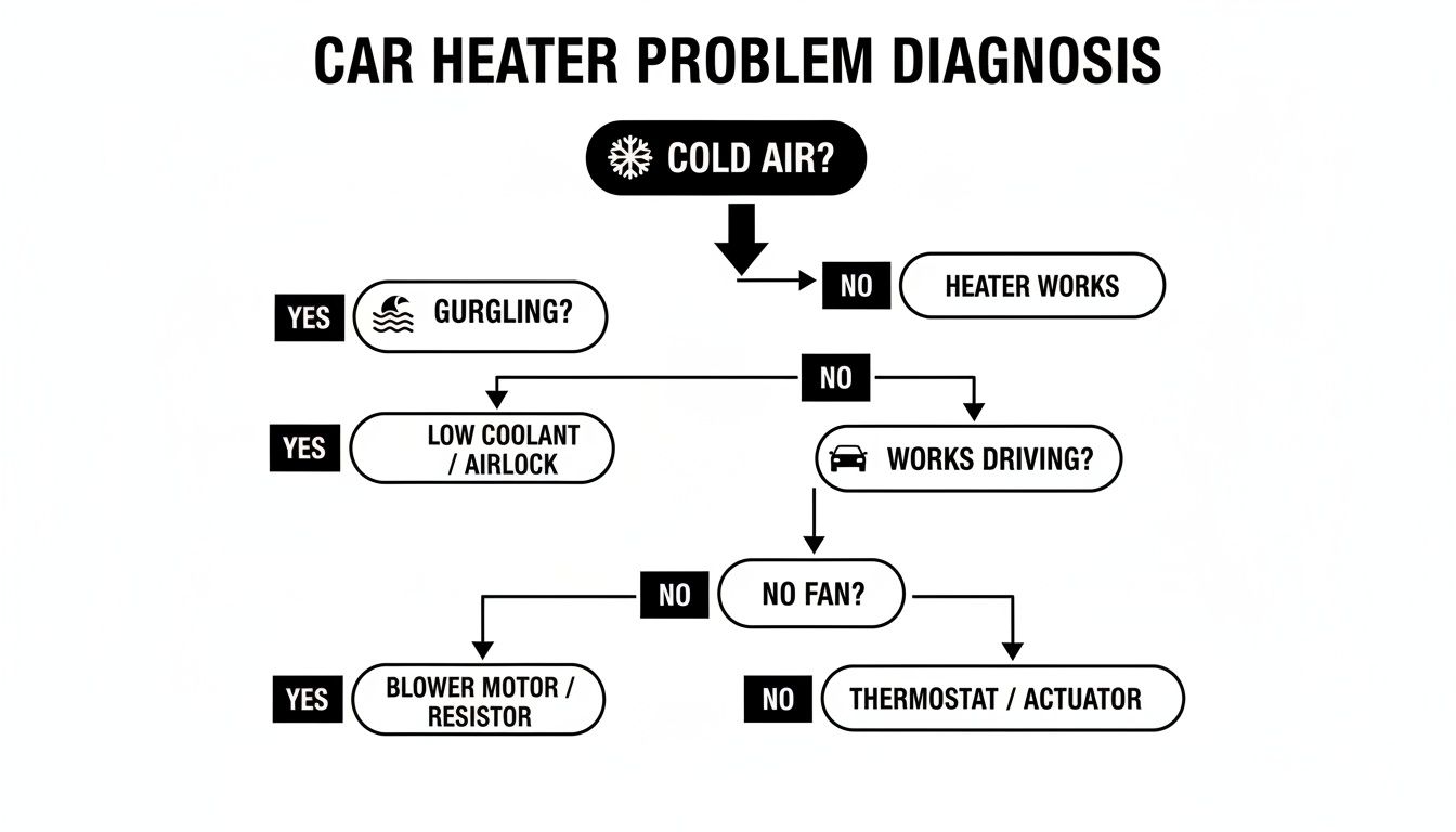 Flowchart for diagnosing car heater problems, guiding users from cold air to potential fixes.