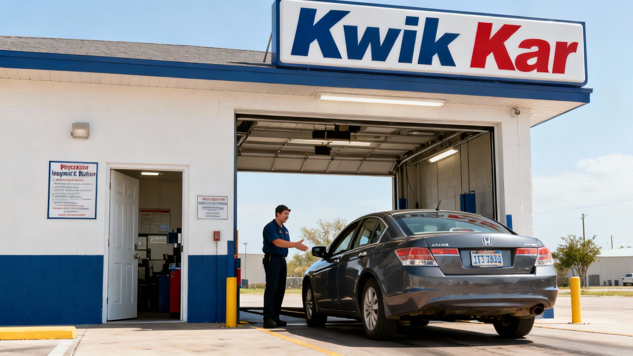A Kwik Kar technician guides a grey Honda sedan into a service bay at an auto repair shop.