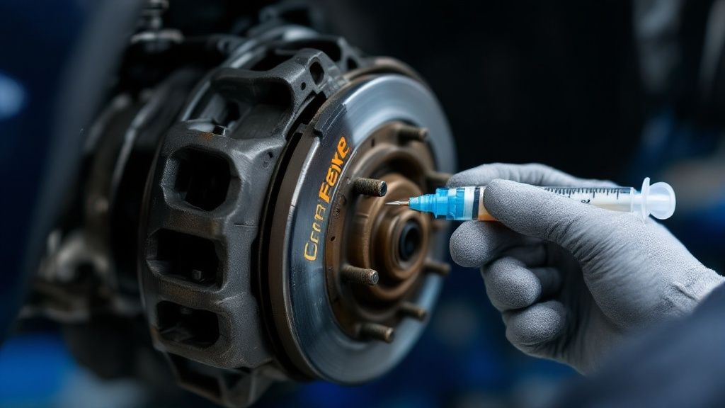 Technician working on a car's brakes