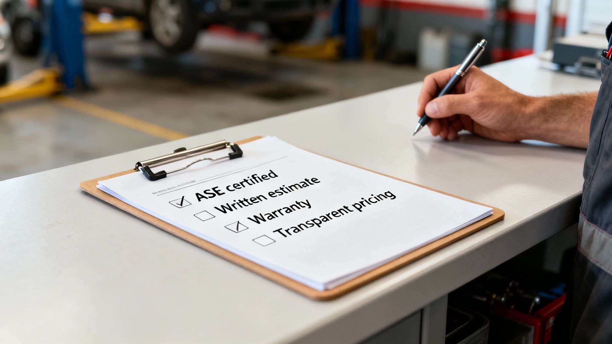 A mechanic's hand writing on a checklist, showing 'ASE certified' and 'Warranty' checked, in an auto repair shop.